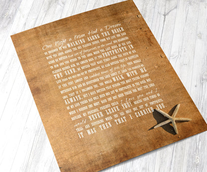 Footprints in the Sand Rustic Framed Art, shown on the wall, 1st anniversary paper