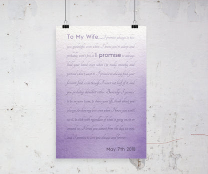 Framed Wedding Vows, Custom Paper Anniversary Gift, Ombre Walll Decor, Anniversary Gift for Wife, Modern Romantic Gifts, For Her, Print Vows