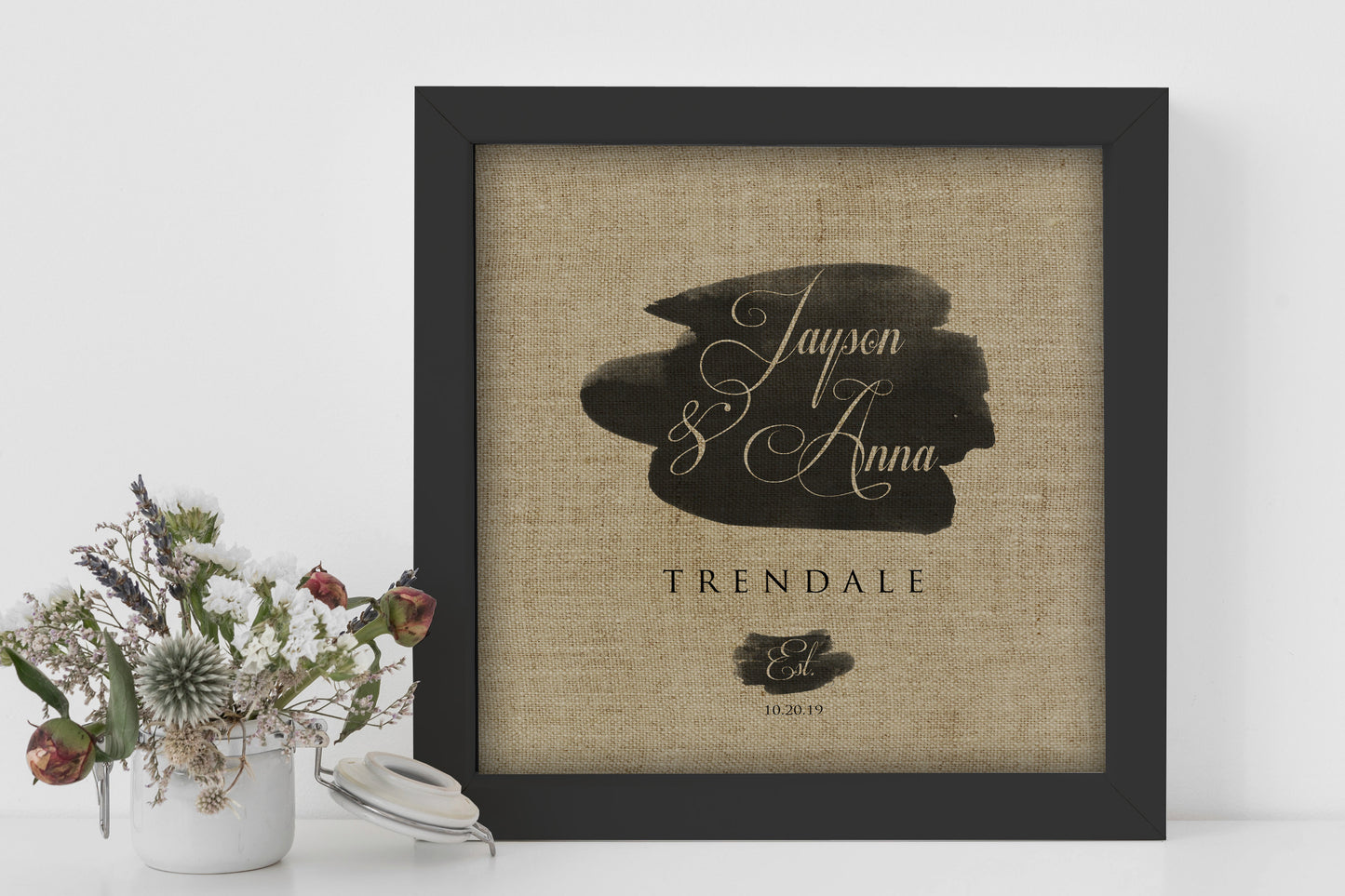 
                  
                    Personalized Framed Linen Name and Date Decor
                  
                