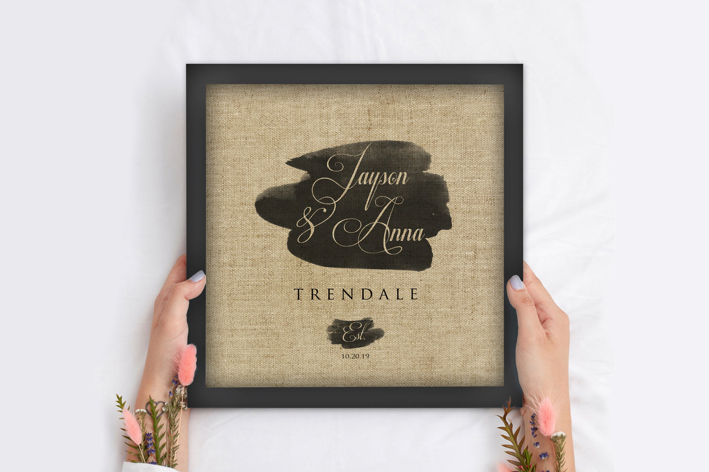 
                  
                    Personalized Framed Linen Name and Date Decor
                  
                