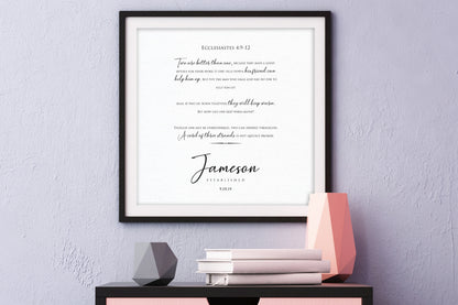 Ecclesiastes 4:9-12 Personalized Wedding Gift, close-up detail, 1st anniversary paper