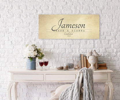 Rustic family name sign on cotton canvas