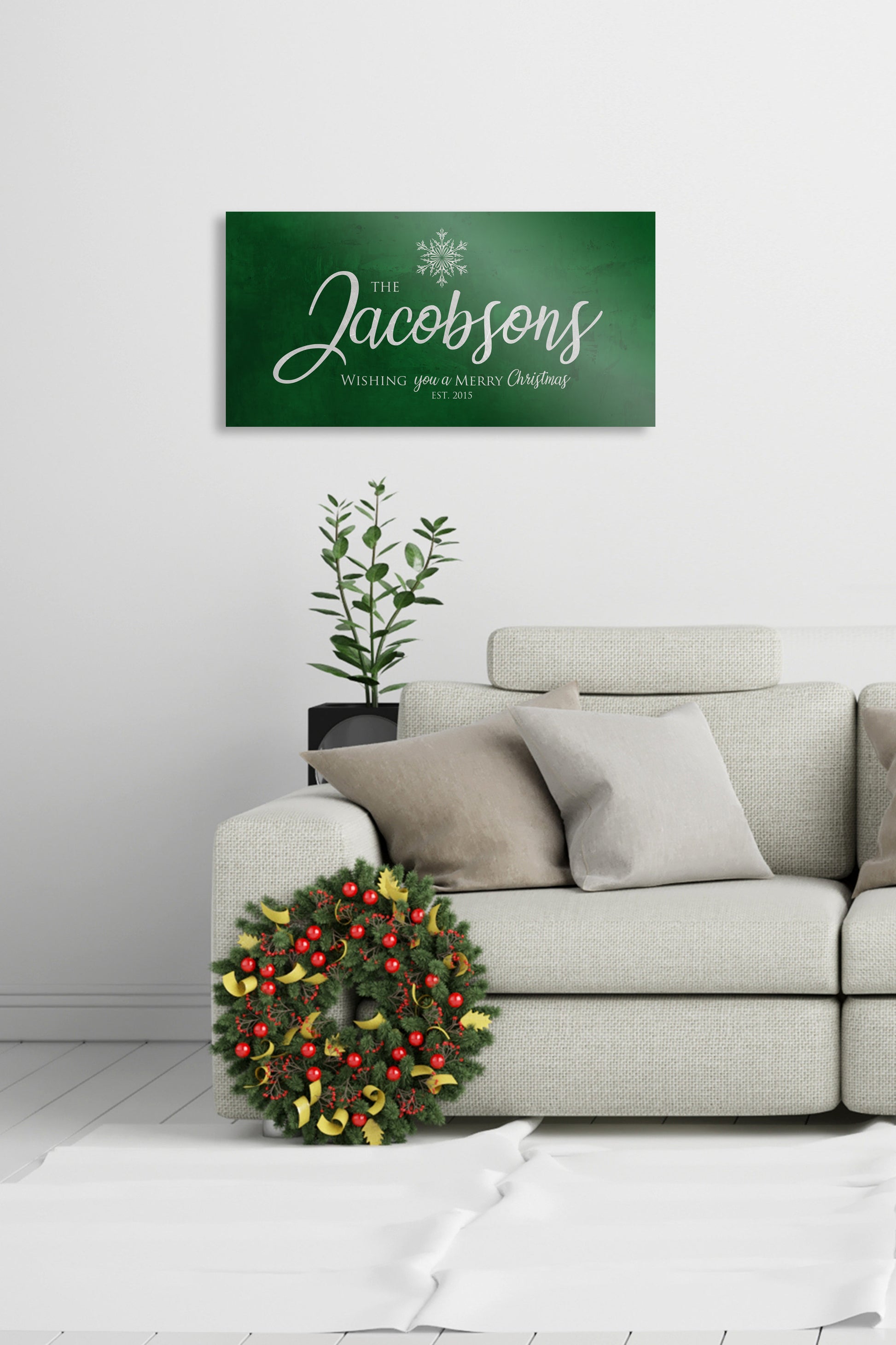 Merry Christmas Sign, Last Name Sign, Snowflake Sign, Green Christmas decor, Personalized Sign, Establsihed Sign, large holiday art, Rustic