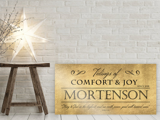 Comfort and Joy, Rustic Holiday Sign, Christmas Sign, Luke 2:14, Personalized Holiday Sign, Sign, Name Sign,  Gold Christmas decor, Gfit