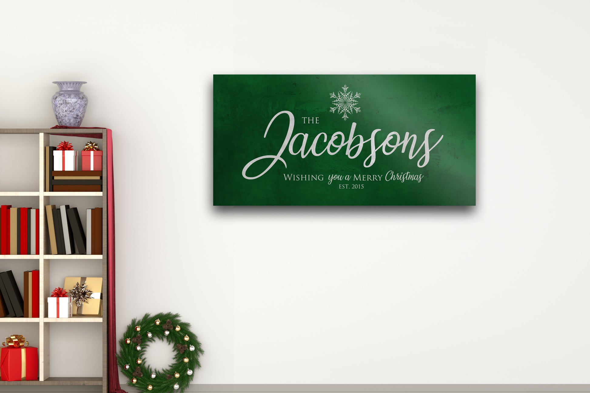 Merry Christmas Sign, Last Name Sign, Snowflake Sign, Green Christmas decor, Personalized Sign, Establsihed Sign, large holiday art, Rustic