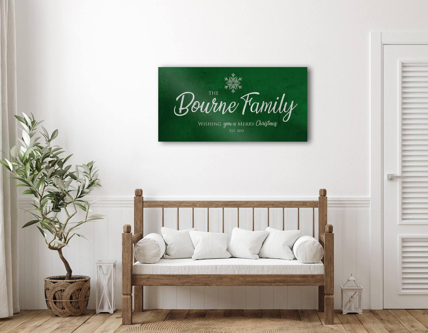 
                  
                    Merry Christmas Sign, Last Name Sign, Snowflake Sign, Green Christmas decor, Personalized Sign, Establsihed Sign, large holiday art, Rustic
                  
                