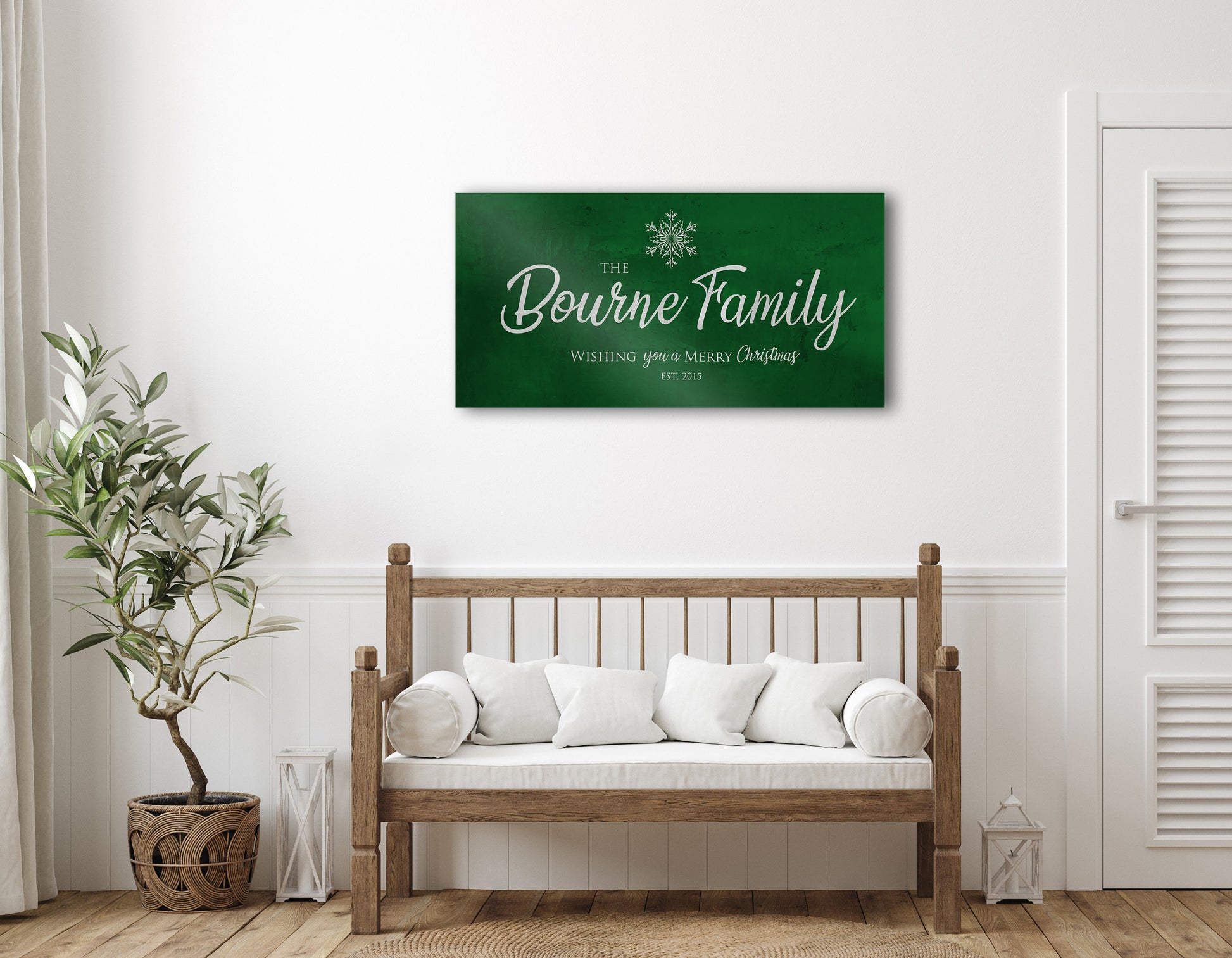 Merry Christmas Sign, Last Name Sign, Snowflake Sign, Green Christmas decor, Personalized Sign, Establsihed Sign, large holiday art, Rustic