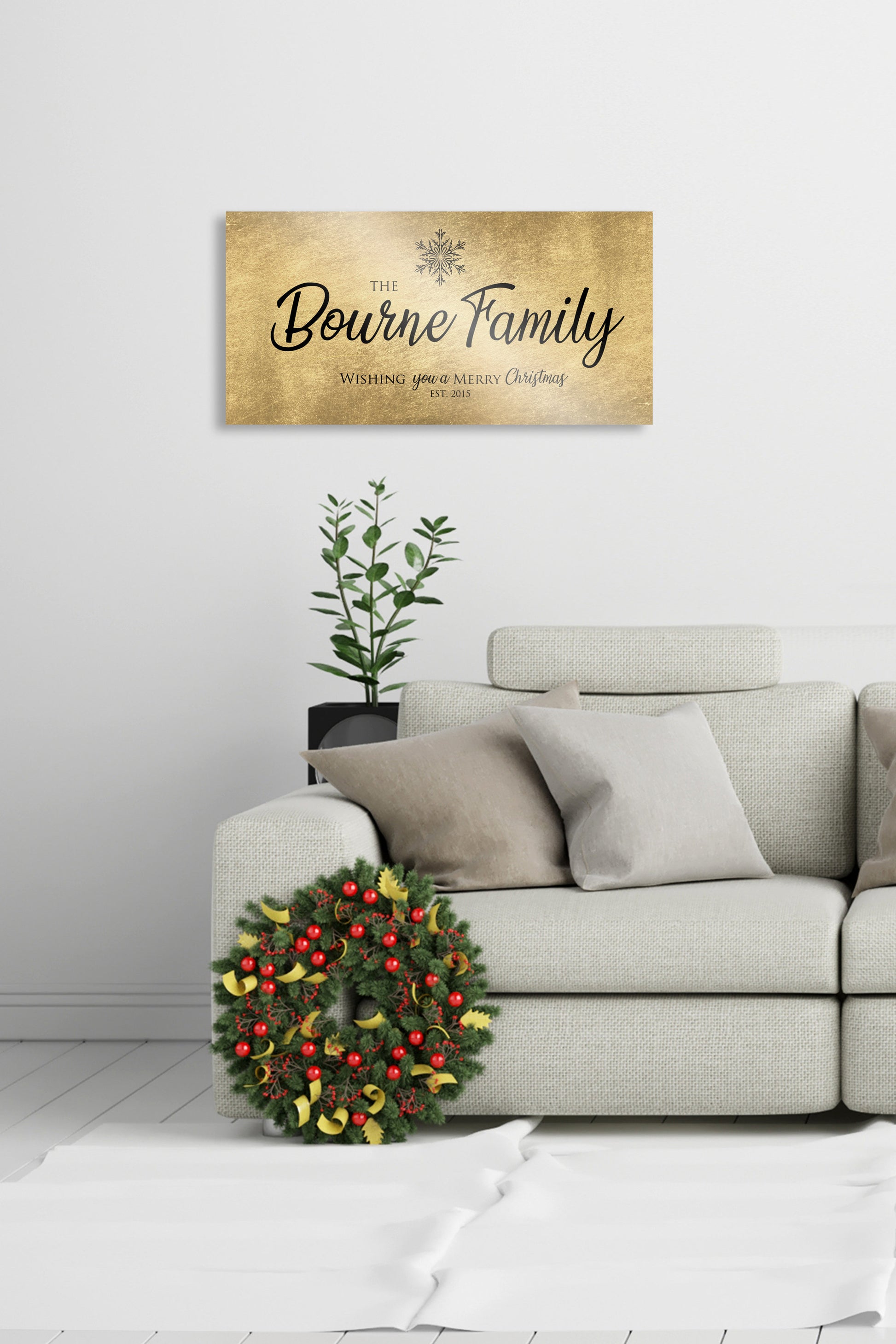 Rustic, Merry Christmas Sign, Last Name Sign, Snowflake Sign, Gold Christmas decor, Personalized Sign, Establsihed Sign, Large holiday art