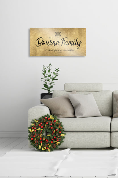 Rustic, Merry Christmas Sign, Last Name Sign, Snowflake Sign, Gold Christmas decor, Personalized Sign, Establsihed Sign, Large holiday art