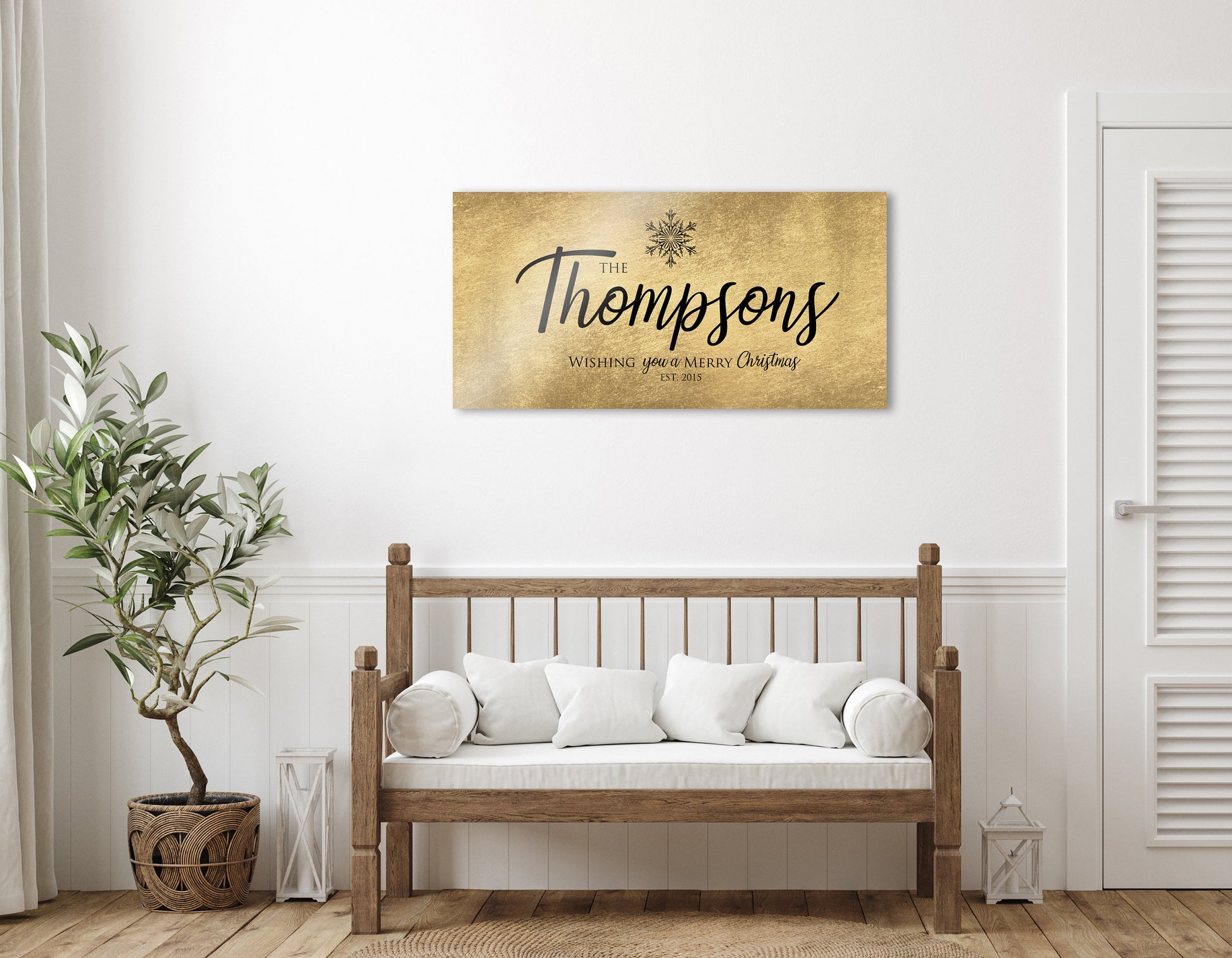 Rustic, Merry Christmas Sign, Last Name Sign, Snowflake Sign, Gold Christmas decor, Personalized Sign, Establsihed Sign, Large holiday art