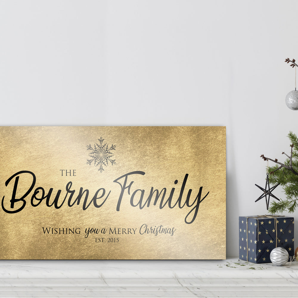 Rustic, Merry Christmas Sign, Last Name Sign, Snowflake Sign, Gold Christmas decor, Personalized Sign, Establsihed Sign, Large holiday art