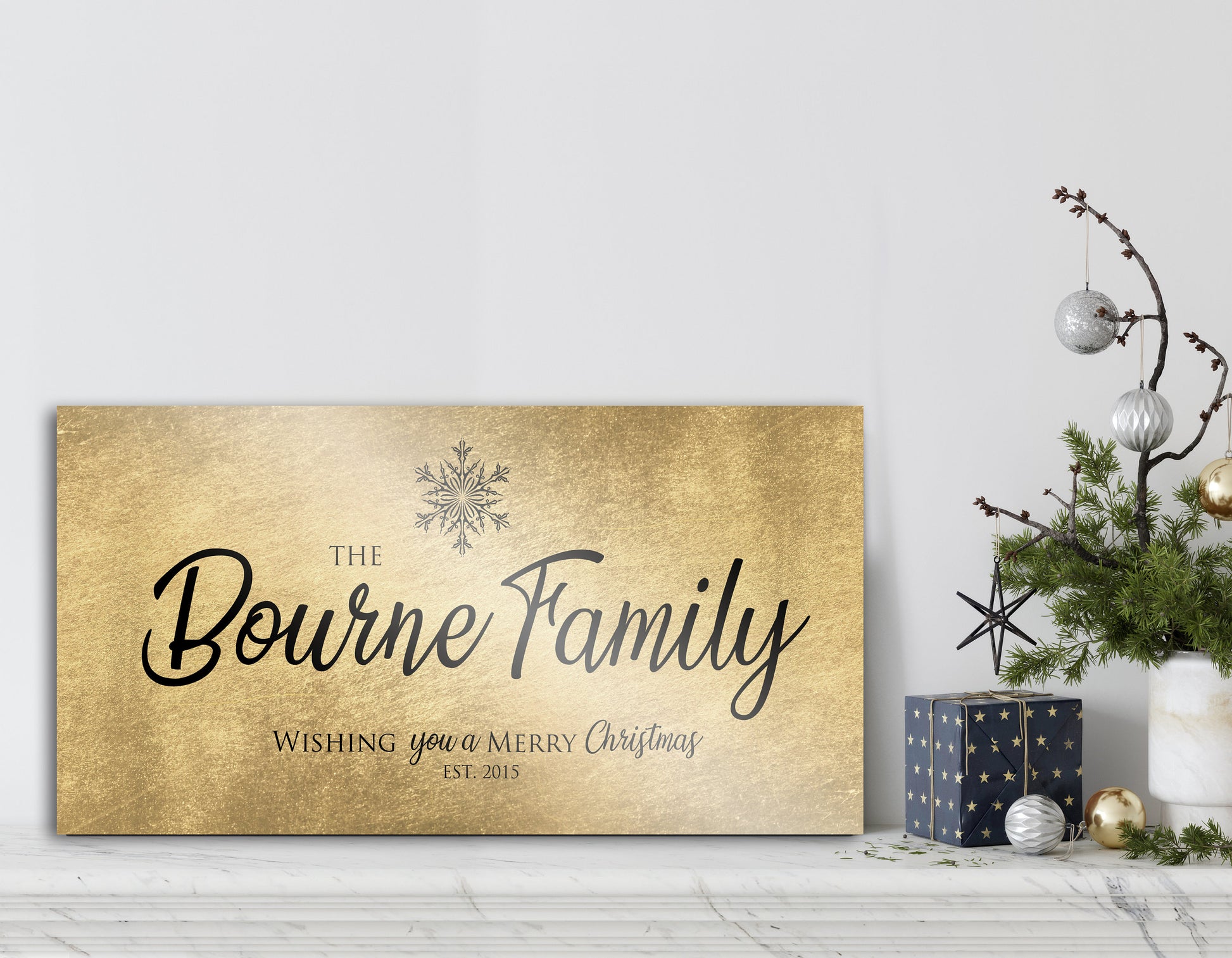 Rustic, Merry Christmas Sign, Last Name Sign, Snowflake Sign, Gold Christmas decor, Personalized Sign, Establsihed Sign, Large holiday art