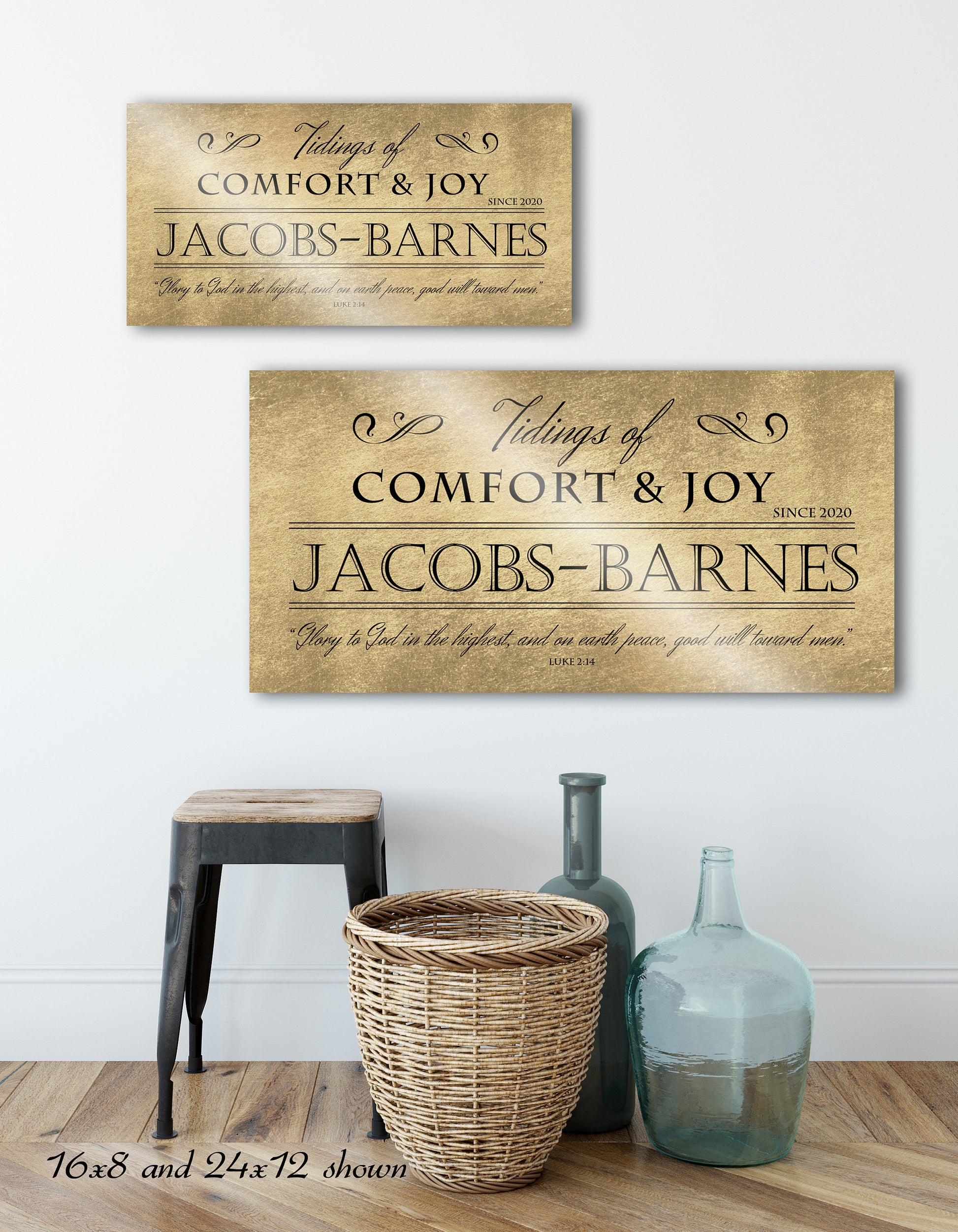 Comfort and Joy, Rustic Holiday Sign, Christmas Sign, Luke 2:14, Personalized Holiday Sign, Sign, Name Sign,  Gold Christmas decor, Gfit