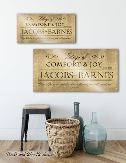 Comfort and Joy, Rustic Holiday Sign, Christmas Sign, Luke 2:14, Personalized Holiday Sign, Sign, Name Sign,  Gold Christmas decor, Gfit