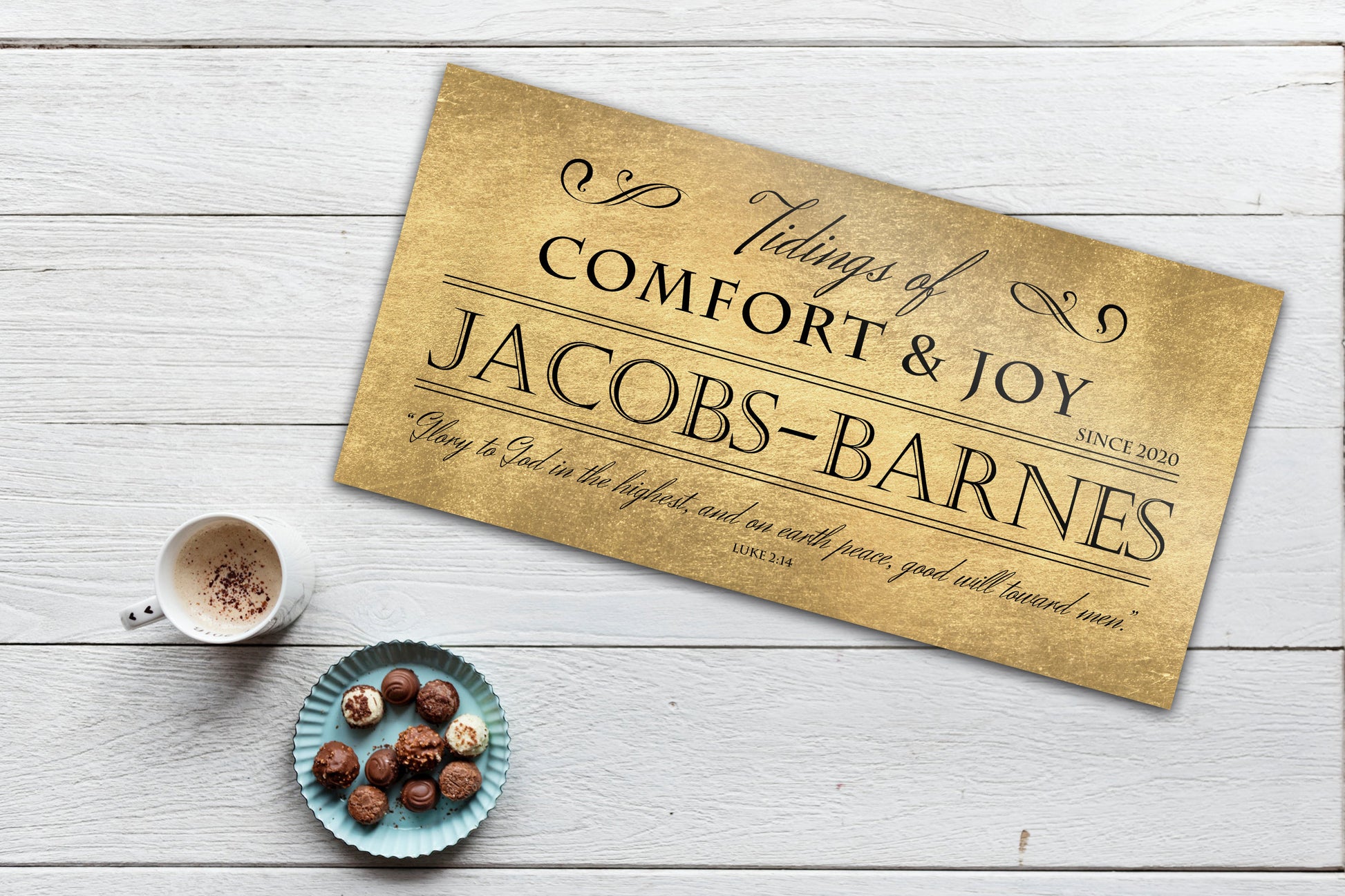Comfort and Joy, Rustic Holiday Sign, Christmas Sign, Luke 2:14, Personalized Holiday Sign, Sign, Name Sign,  Gold Christmas decor, Gfit