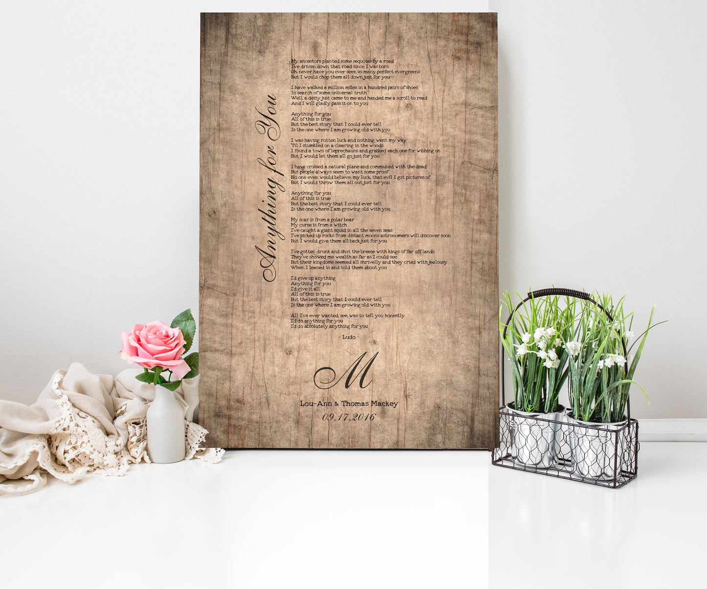 Song Lyrics on Wood, White-washed Wood Anniversary Gift