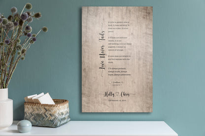 Rustic Wood Love Never Fails Personalized Wood Sign, 5th anniversary wood scripture wall art by Honeycomb Proverbs