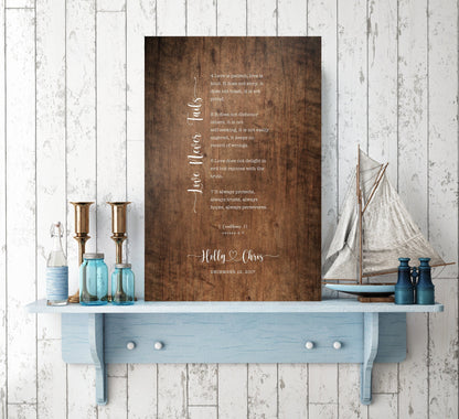 Rustic Wood Love Never Fails Personalized Wood Sign, shown on the wall, 5th anniversary wood