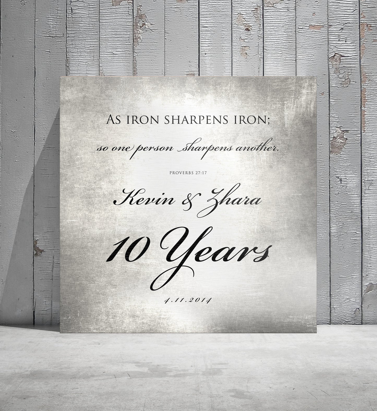 
                  
                    10 Years of Marriage plaque, Iron sharpens iron sign for couples, Tin anniversary gift for husband and wife, 10th anniversary gift for him
                  
                