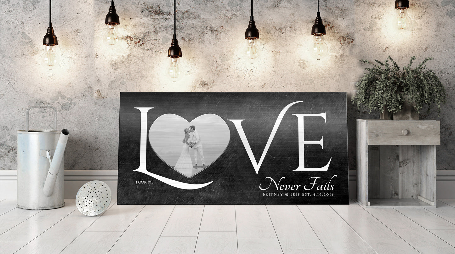 Love Never Fails Sign, Anniversary Gift for wife, Wedding Photo Gift, 8th anniversary, Sign with Heart, Christian couple Gift, Sign over bed
