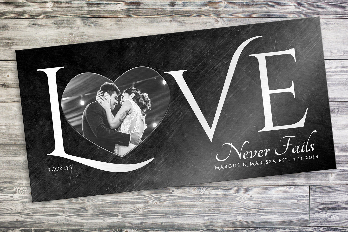 Love Never Fails Sign, Anniversary Gift for wife, Wedding Photo Gift, 8th anniversary, Sign with Heart, Christian couple Gift, Sign over bed