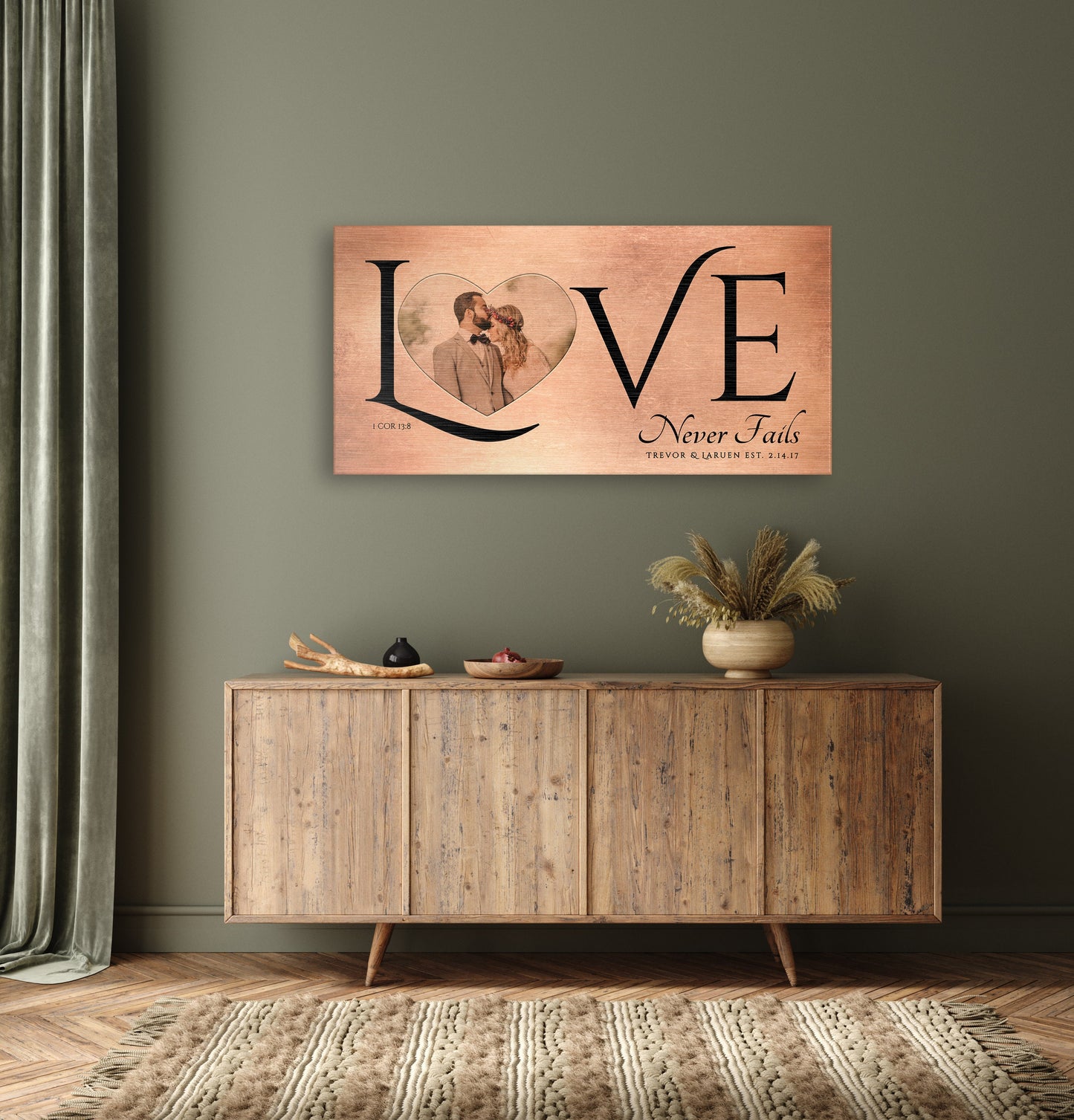 Love Never Fails Sign, Anniversary Gift for wife, Wedding Photo Gift, 8th anniversary, Sign with Heart, Christian couple Gift, Sign over bed