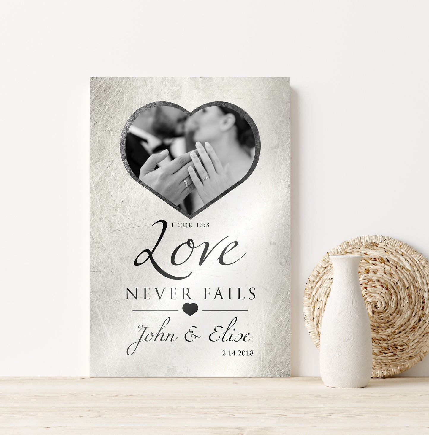 Love Never Fails Photo Sign, Personalized Anniversary plaque, 1 Cor 13 Art, Custom Copper Gift, Heart framed photo, Est Sign for couple