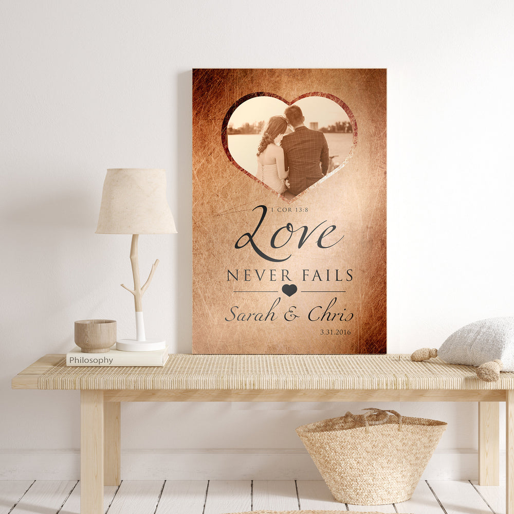 Personalized Love Never Fails Photo art, Whimsical Bedroom Decor, Christian anniversary gift, 1 Cor 13 Art, ten year anniversary, Photo Gift