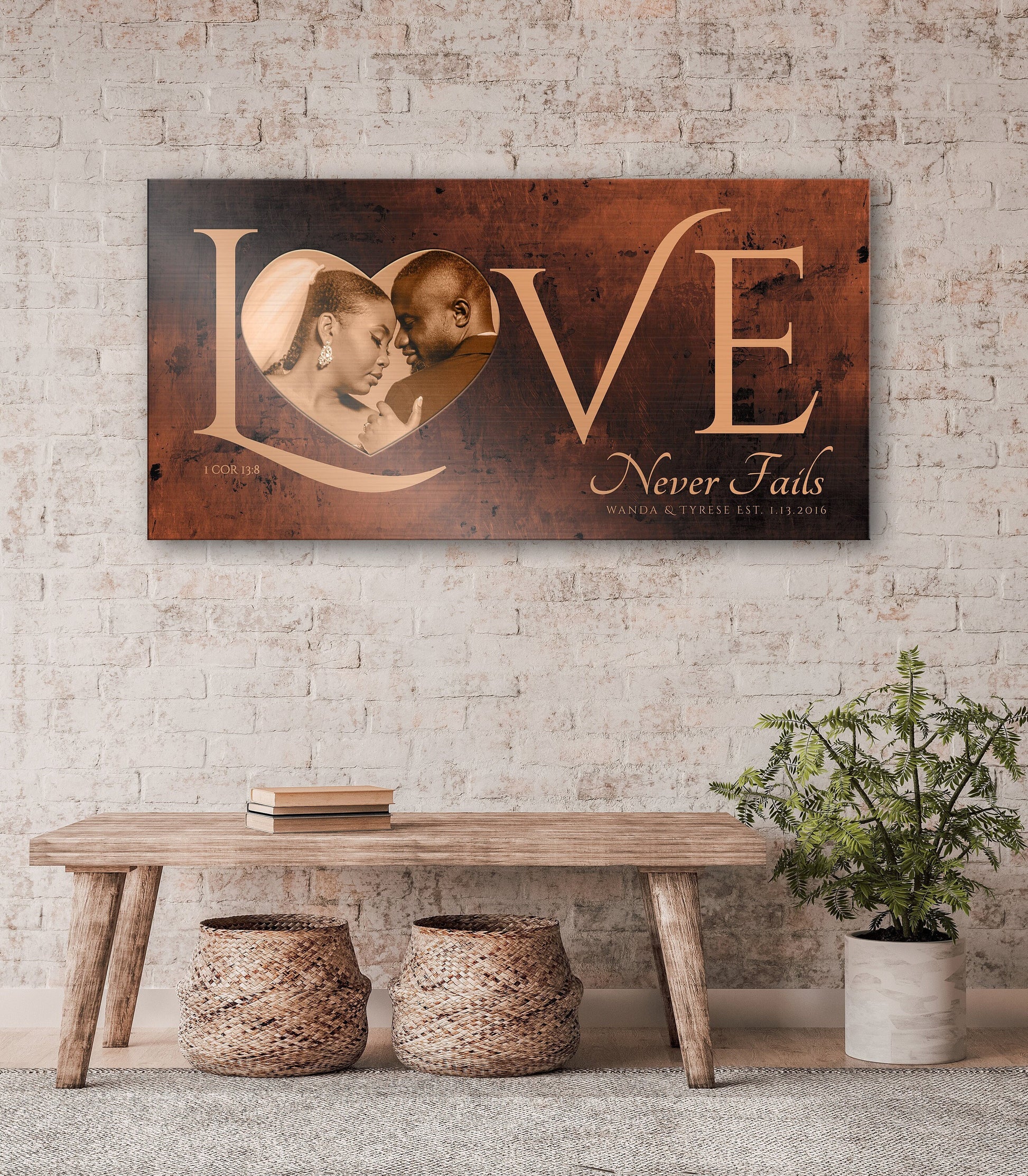 Love Never Fails Sign, Anniversary Gift for wife, Wedding Photo Gift, 8th anniversary, Sign with Heart, Christian couple Gift, Sign over bed