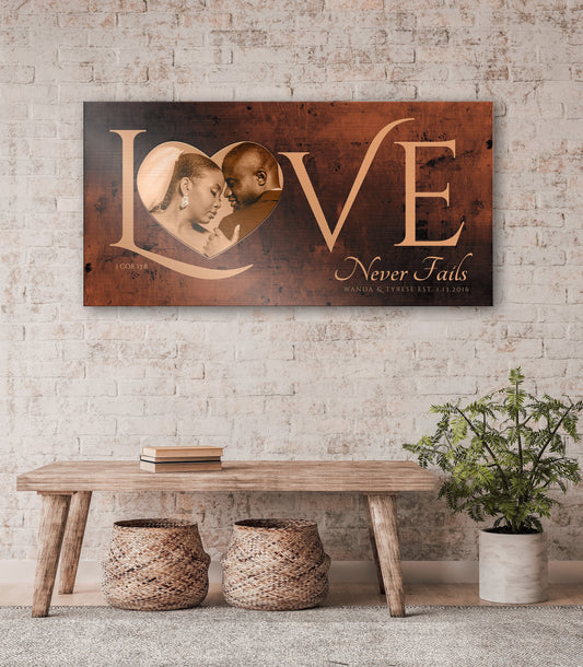 Love Never Fails Sign, Anniversary Gift for wife, Wedding Photo Gift, 8th anniversary, Sign with Heart, Christian couple Gift, Sign over bed