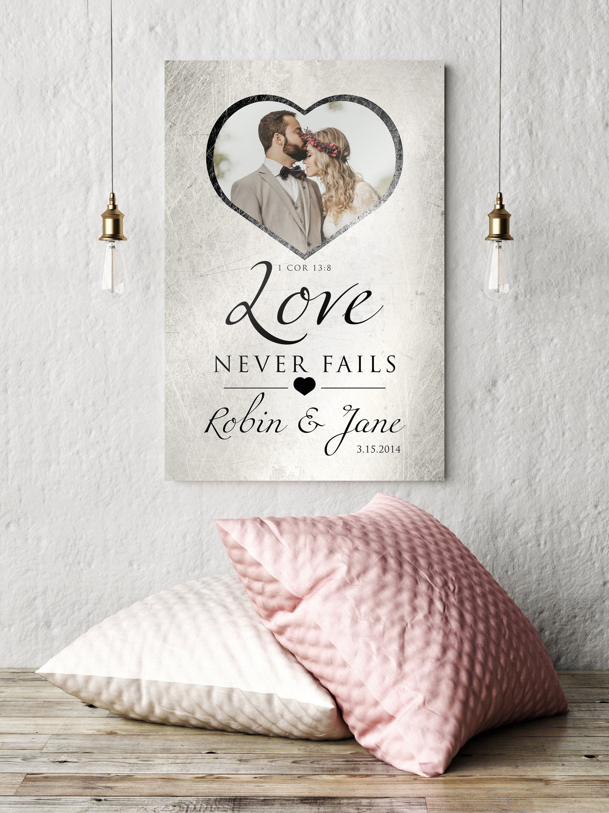 Love Never Fails Photo Sign, Personalized Anniversary plaque, 1 Cor 13 Art, Custom Copper Gift, Heart framed photo, Est Sign for couple