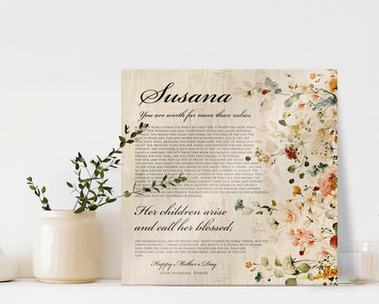 Personalized Proverbs 31 Floral Country Plaque, personalization detail, 5th anniversary wood