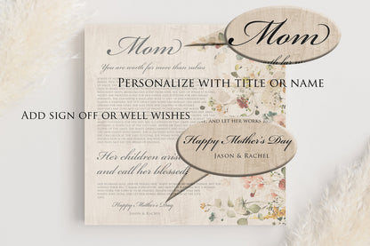 Personalized Proverbs 31 Floral Country Plaque, close-up detail, 5th anniversary wood