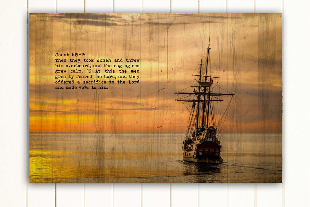 Wood Inspired Scripture Art: Jonah 1:15 on Canvas - Hunnycomb Proverbs - Wedding gift ideas - paper anniversary gifts 