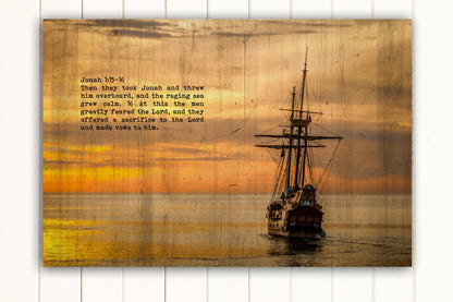 Wood Inspired Scripture Art: Jonah 1:15 on Canvas - Honeycomb Proverbs - Wedding gift ideas - paper anniversary gifts 