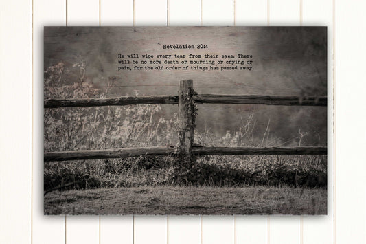 Wood Inspired Scripture Art: Revelation 21:4 on Canvas - Hunnycomb Proverbs - Wedding gift ideas - paper anniversary gifts 